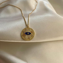 Load image into Gallery viewer, Dark blue enamel with black micro pave stone Evil Eye medallion necklace