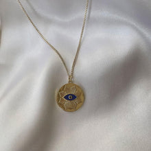 Load image into Gallery viewer, Dark blue enamel with black micro pave stone Evil Eye medallion necklace
