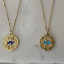 Load image into Gallery viewer, Dark blue enamel with black micro pave stone Evil Eye medallion necklace