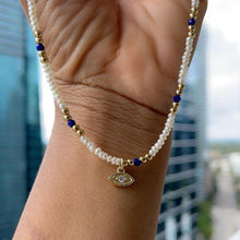 Load image into Gallery viewer, Pearl Lapis Gold Bead Necklace