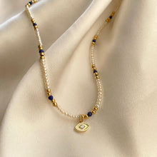 Load image into Gallery viewer, Pearl Lapis Gold Bead Necklace