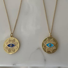 Load image into Gallery viewer, Dark blue enamel with black micro pave stone Evil Eye medallion necklace
