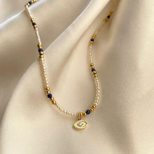 Load image into Gallery viewer, Pearl Lapis Gold Bead Necklace
