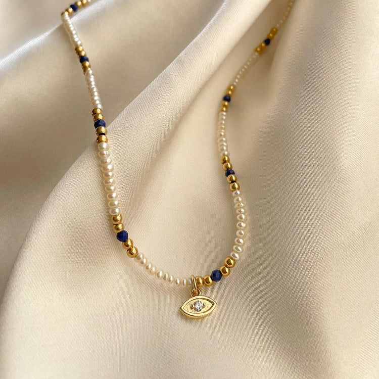 Pearl Lapis Gold Bead Necklace