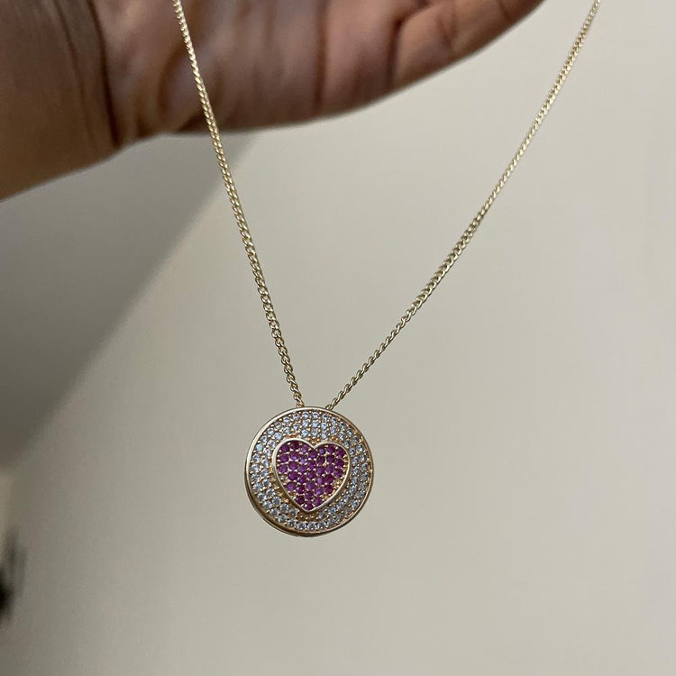 Pink Pave Round Heart Necklace
