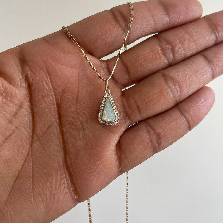 White Opal Pendant on Gold Chain, CZ Stones